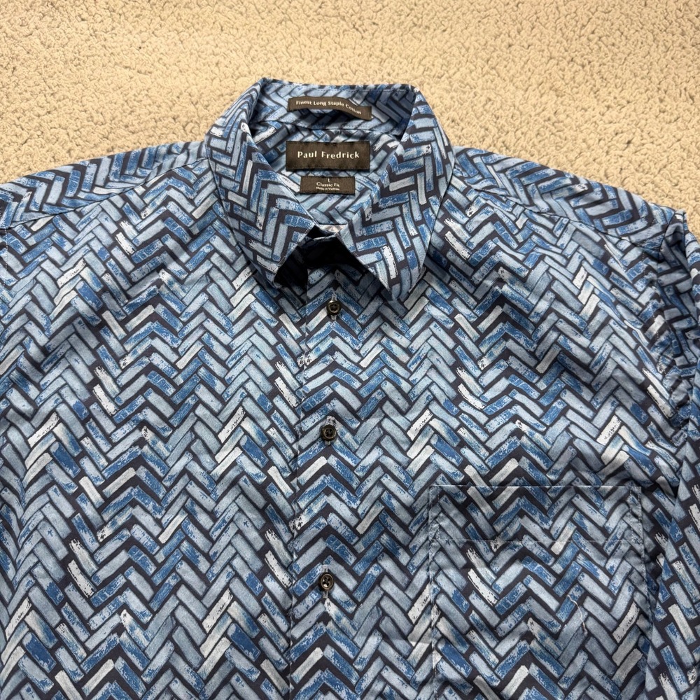 Paul Fredrick Mens Large Classic Fit Blue Geometric Cotton Button Down Shirt
